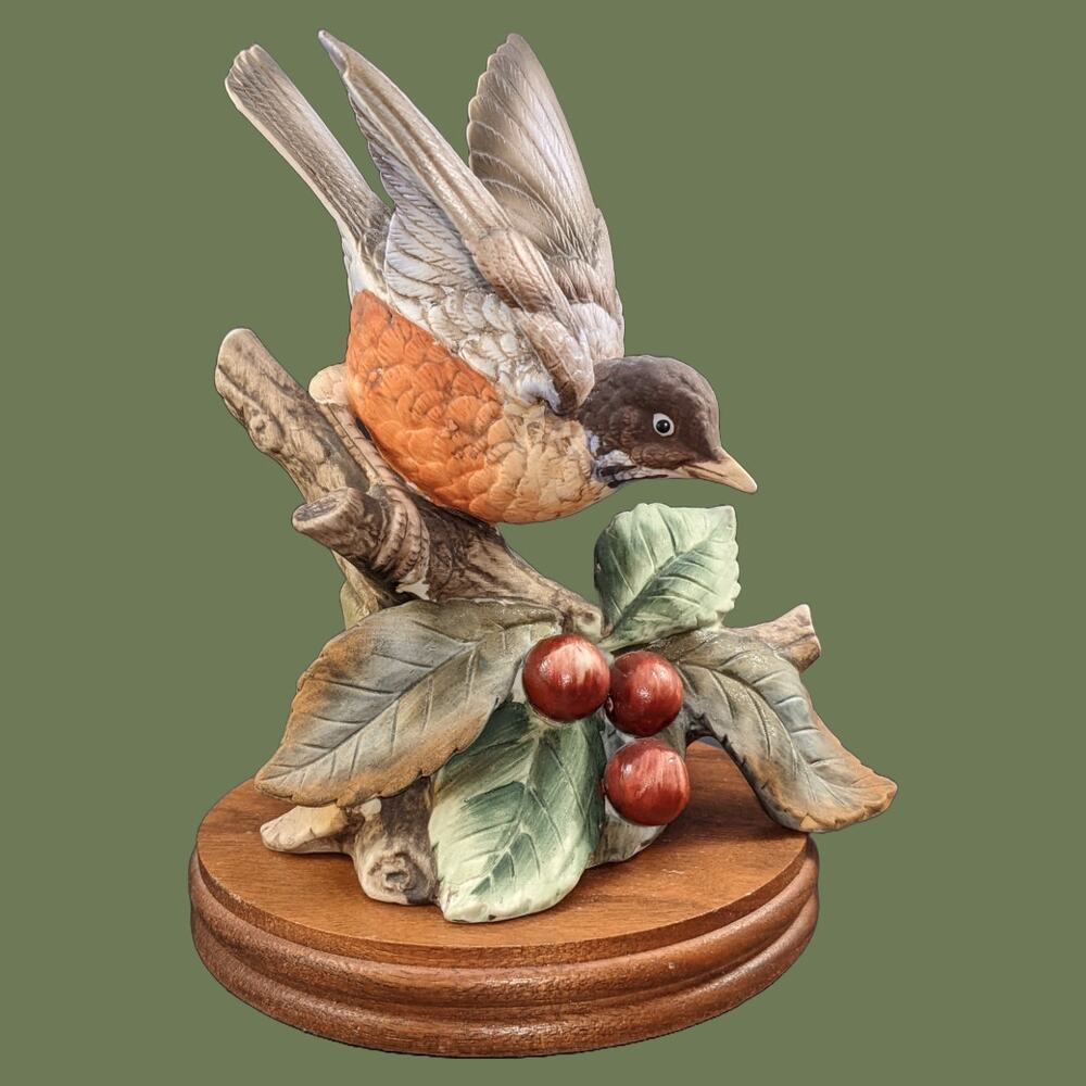 Vintage 1980s Robin on Branch Figurine with Wood Platform